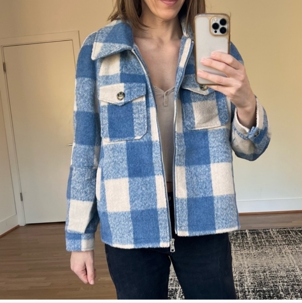 Anthropologie Avec Les Filles Plaid Full Zip Shacket Coat Blue Size L - Picture 3 of 9